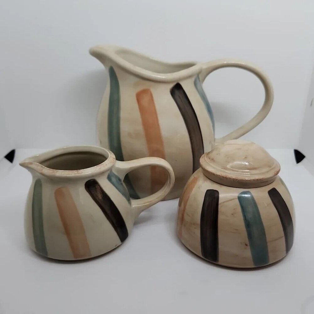 Teramo Stripes Oneida Stoneware, 1999, Pitcher, Sugar Bowl, Creamer